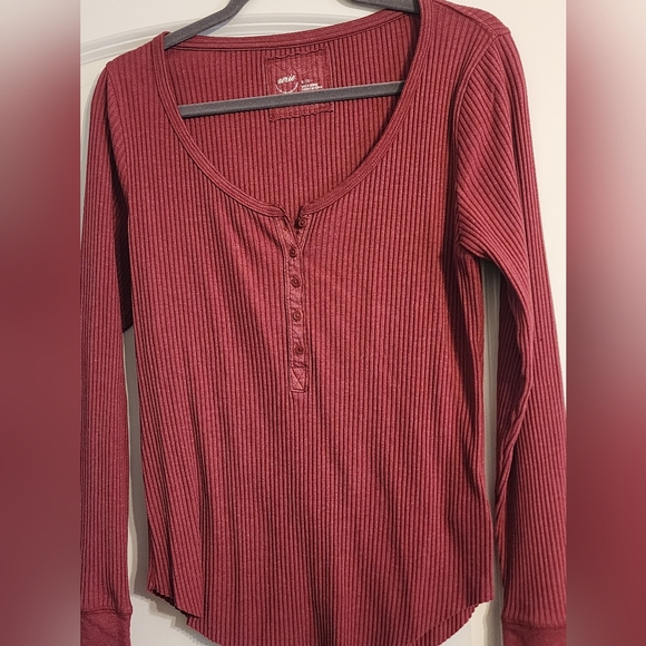 aerie Tops - Aerie Ribbed Long Sleeve Henley - Red